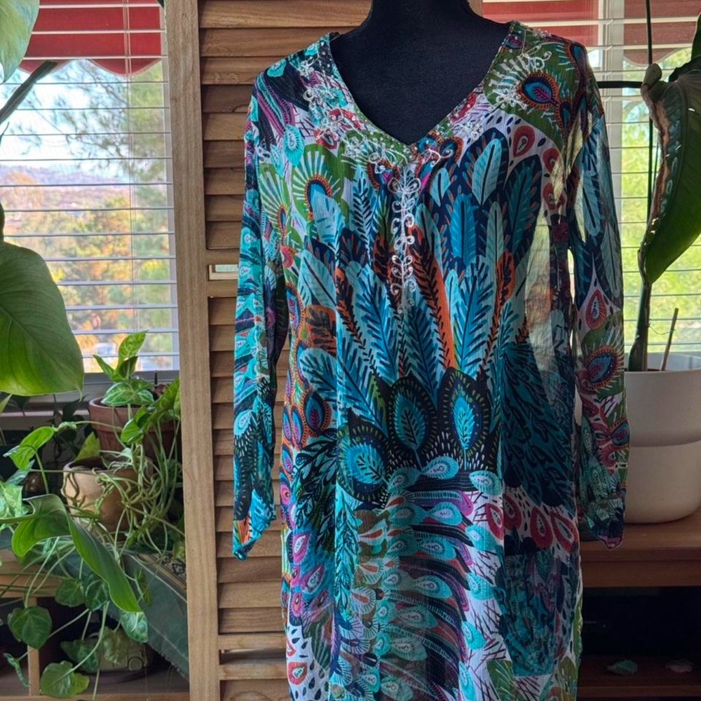 V-neck Long Sleeve Tunic in Teal Multi